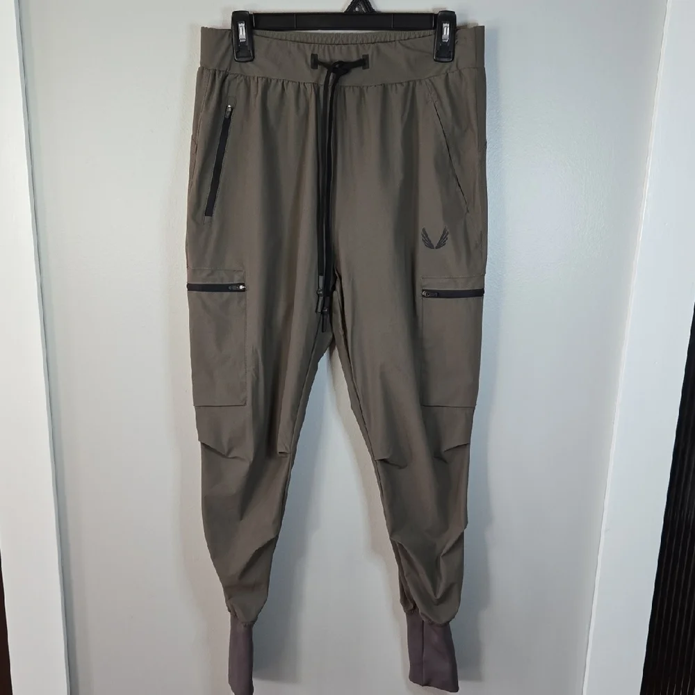 ASRV Men's Medium Tannish Gray Black Trim Active Drawstring Cargo Jogger Pants - Picture 3 of 15